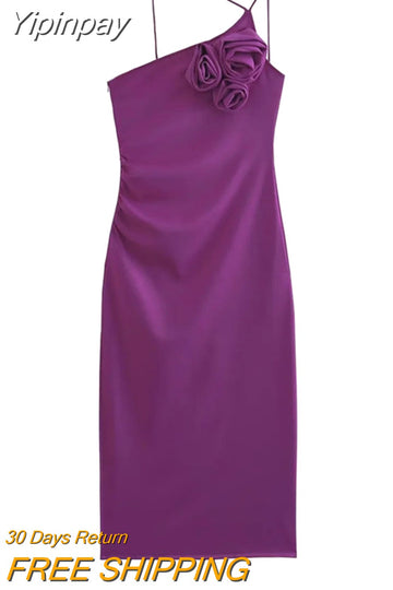 Yipinpay 2023 Purple Flower Long Dress Women Asymmetric Backless Slip Dress Woman Off Shoulder Sexy Elegant Party Dresses For Women